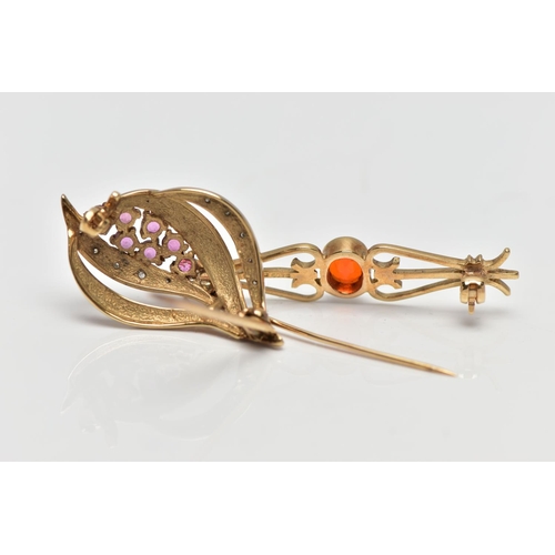 45 - TWO 9CT GOLD GEM SET BROOCHES, to include a 9ct gold oval fire opal collet set bar brooch, with scro... 