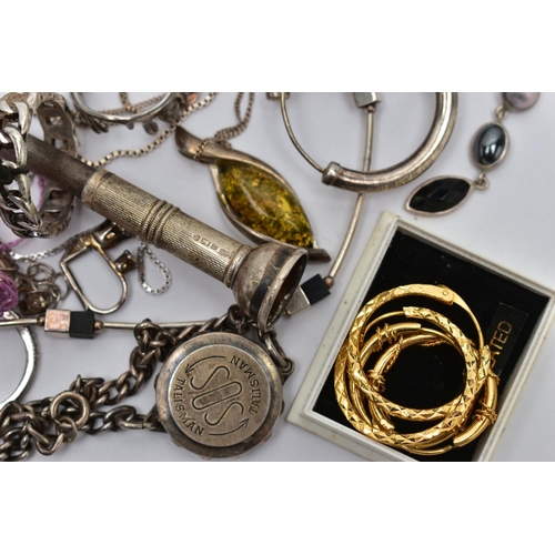 47 - A BAG OF SILVER AND WHITE METAL JEWELLERY, to include a single yellow metal oval hoop earring, stamp... 