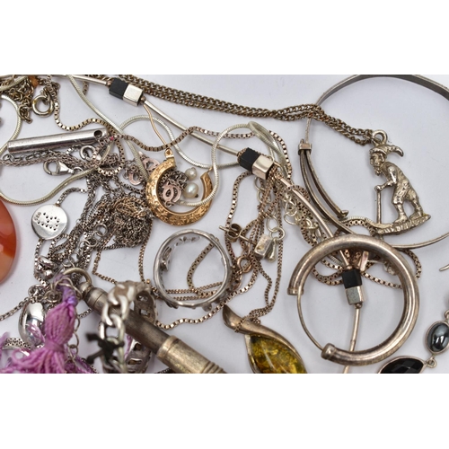 47 - A BAG OF SILVER AND WHITE METAL JEWELLERY, to include a single yellow metal oval hoop earring, stamp... 