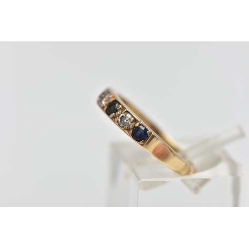 49 - A 9CT GOLD SAPPHIRE AND DIAMOND HALF ETERNITY RING, designed with a row of four claw set, circular c... 