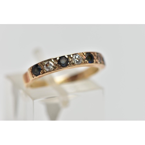 49 - A 9CT GOLD SAPPHIRE AND DIAMOND HALF ETERNITY RING, designed with a row of four claw set, circular c... 