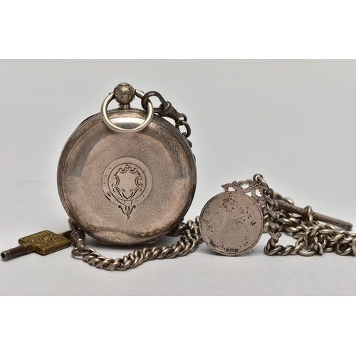 52 - A LATE VICTORIAN SILVER POCKET WATCH AND AN EDWARDIAN SILVER ALBERT CHAIN, the open face pocket watc... 