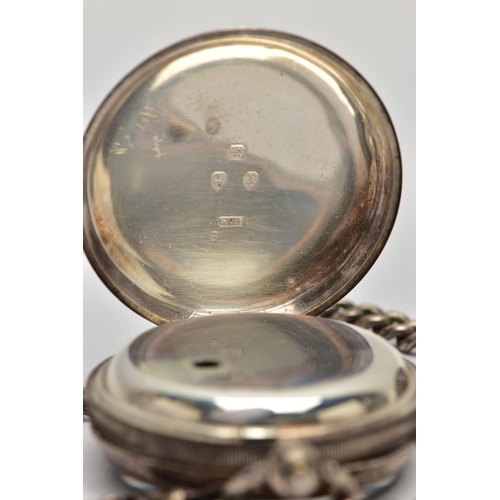 52 - A LATE VICTORIAN SILVER POCKET WATCH AND AN EDWARDIAN SILVER ALBERT CHAIN, the open face pocket watc... 