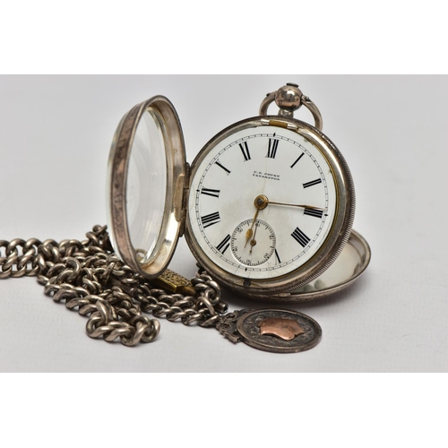 52 - A LATE VICTORIAN SILVER POCKET WATCH AND AN EDWARDIAN SILVER ALBERT CHAIN, the open face pocket watc... 