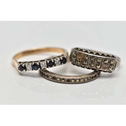 60 - A SELECTION OF PREDOMINANTLY METAL GEM SET RINGS, to include a silver gilt sapphire and cubic zircon... 