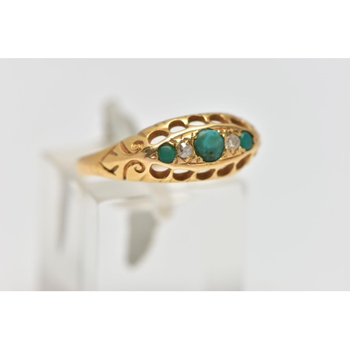 68 - AN EARLY 20TH CENTURY 18CT YELLOW GOLD TURQUOISE AND DIAMOND RING, set with a principal turquoise ca... 