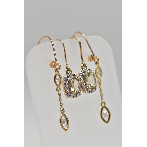 71 - TWO PAIRS OF YELLOW METAL DIAMOND AND GEM SET EARRINGS, the first a pair of drop earrings each desig... 