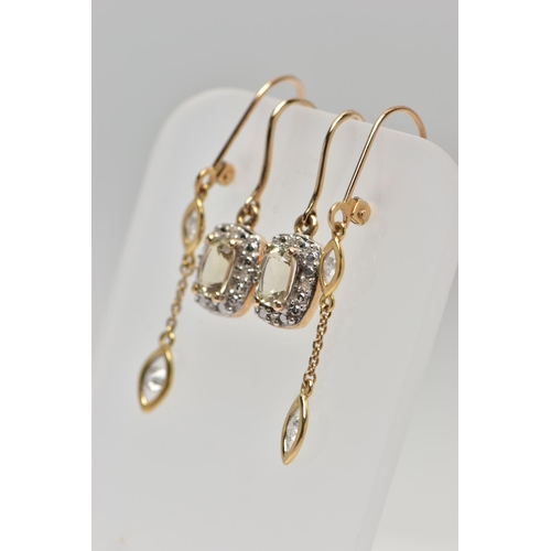 71 - TWO PAIRS OF YELLOW METAL DIAMOND AND GEM SET EARRINGS, the first a pair of drop earrings each desig... 