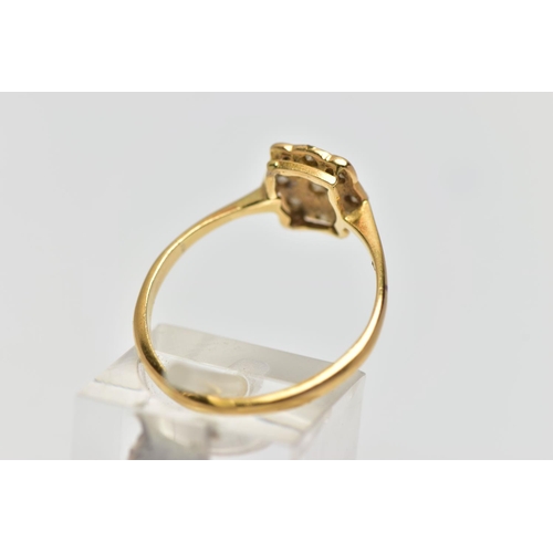 72 - A YELLOW METAL DIAMOND DRESS RING, designed as a series of single cut diamonds set within a floral p... 