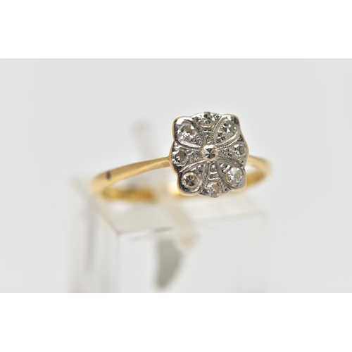 72 - A YELLOW METAL DIAMOND DRESS RING, designed as a series of single cut diamonds set within a floral p... 