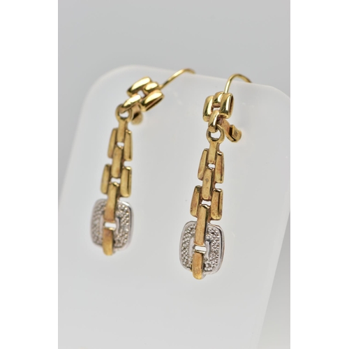 73 - A PAIR OF 9CT GOLD DIAMOND SET DROP EARRINGS, the brilliant cut diamonds illusion set, to the chain ... 