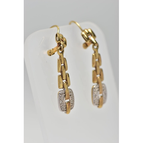 73 - A PAIR OF 9CT GOLD DIAMOND SET DROP EARRINGS, the brilliant cut diamonds illusion set, to the chain ... 