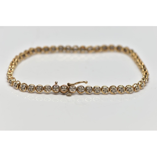 76 - A 9CT YELLOW GOLD DIAMOND LINE BRACELET, set with approximately fifty one single cut diamonds, each ... 