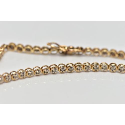 76 - A 9CT YELLOW GOLD DIAMOND LINE BRACELET, set with approximately fifty one single cut diamonds, each ... 