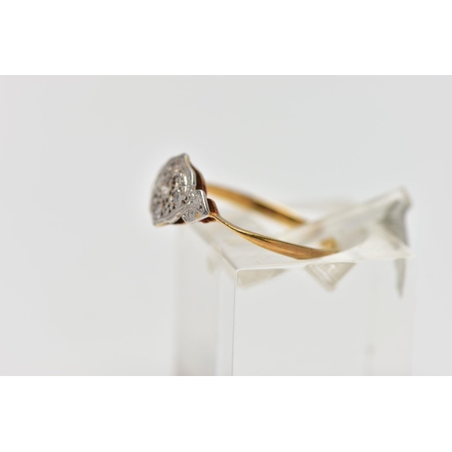 80 - A YELLOW METAL DIAMOND DRESS RING, designed as a series of single cut diamonds set within a foliate ... 