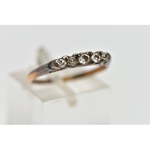 81 - A YELLOW METAL DIAMOND FIVE STONE RING, designed as a series of graduated old and round brilliant cu... 