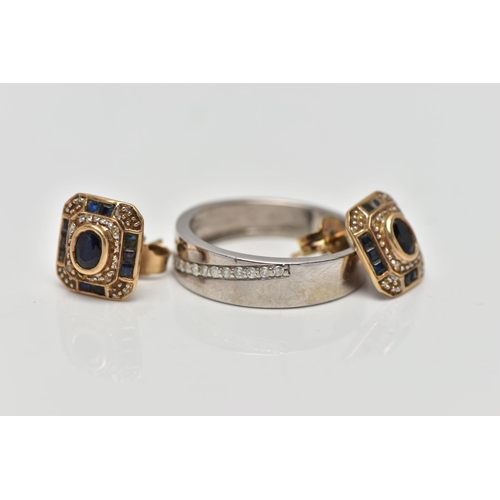 84 - A 9CT WHITE GOLD DIAMOND BAND RING AND A PAIR OF 9CT GOLD SAPPHIRE AND DIAMOND EARRINGS, the first a... 