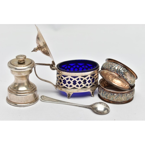 89 - AN ASSORTMENT OF SILVER ITEMS, to include a matching pair of floral napkin rings, hallmarked silver ... 