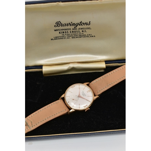 91 - A 9CT GOLD 'BRAVINGTONS' WRISTWATCH, hand wound movement, round white dial, signed 'Bravingtons reno... 