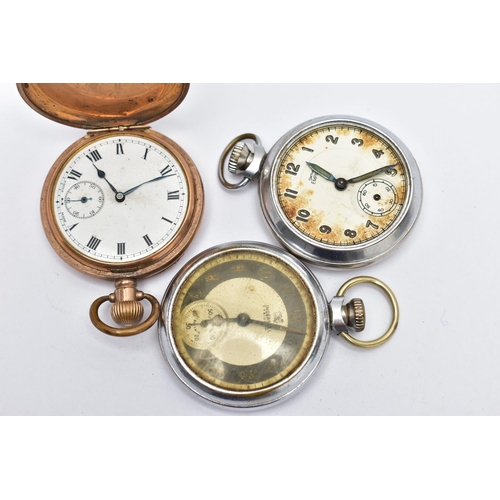 93 - THREE POCKET WATCHES, the first a full hunter pocket watch, white dial, Roman numerals, second subsi... 