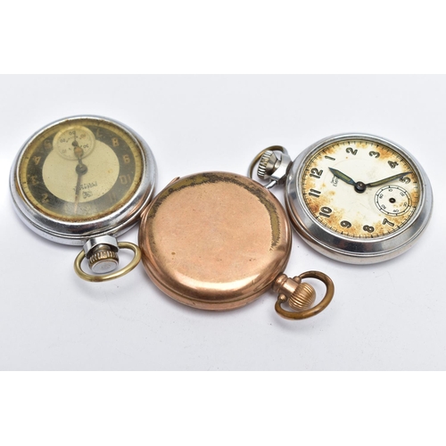 93 - THREE POCKET WATCHES, the first a full hunter pocket watch, white dial, Roman numerals, second subsi... 