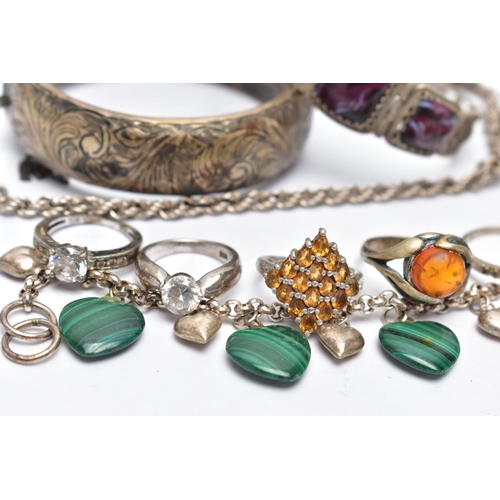 94 - AN ASSORTMENT OF SILVER AND WHITE METAL JEWELLERY, to include a silver wide hinged bangle, hallmarke... 