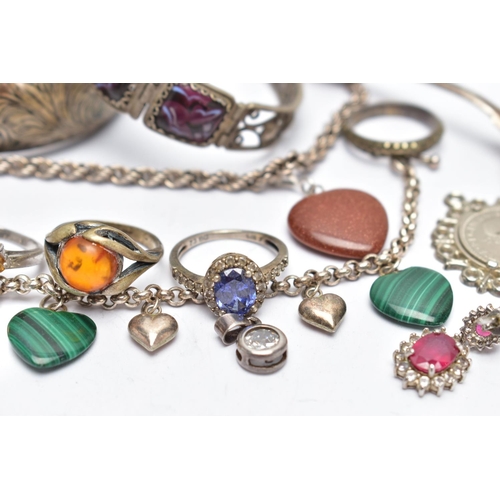 94 - AN ASSORTMENT OF SILVER AND WHITE METAL JEWELLERY, to include a silver wide hinged bangle, hallmarke... 