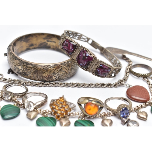 94 - AN ASSORTMENT OF SILVER AND WHITE METAL JEWELLERY, to include a silver wide hinged bangle, hallmarke... 