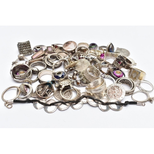 96 - A LARGE ASSORTMENT OF WHITE METAL RINGS, to include dress and fashion rings, together with an assort... 