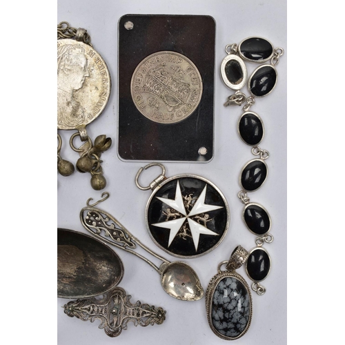 99 - ASSORTED WHITE METAL ITEMS, to include an order of St John medallion, three white metal bracelets, a... 