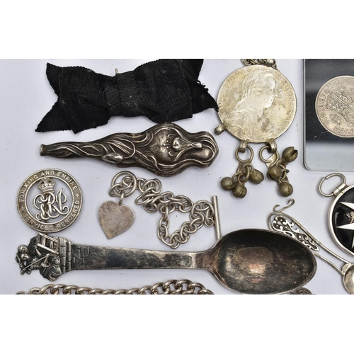 99 - ASSORTED WHITE METAL ITEMS, to include an order of St John medallion, three white metal bracelets, a... 