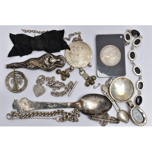 99 - ASSORTED WHITE METAL ITEMS, to include an order of St John medallion, three white metal bracelets, a... 