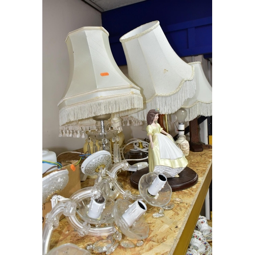 301 - A GROUP OF NINE TABLE LAMPS AND A BOX OF GLASS SHADES, comprising two matching cream onyx lamps, hei... 