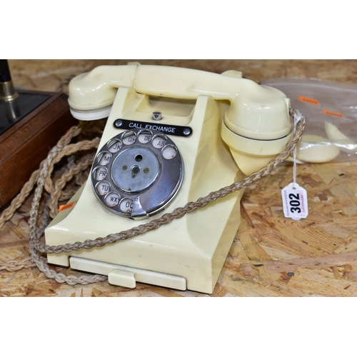 302 - THREE G.P.O AND VINTAGE STYLE LANDLINE PHONES, comprising a cream G.P.O. dial phone (broken receiver... 