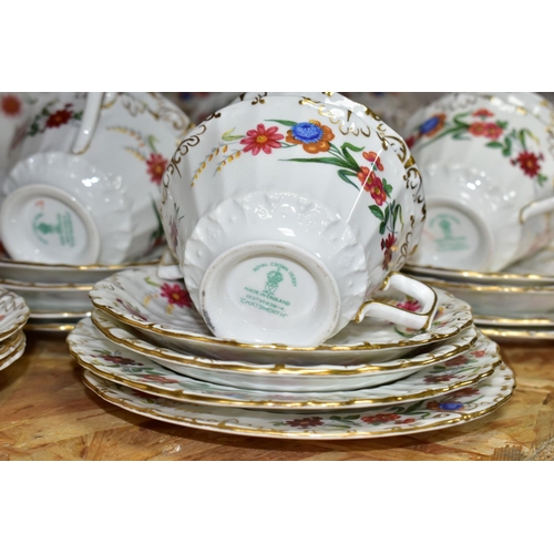 303 - A ROYAL CROWN DERBY 'CHATSWORTH' PATTERN DINNER SET, comprising twelve soup dishes, twelve saucers, ... 