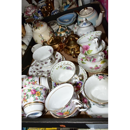 309 - FIVE BOXES OF TEAPOTS, TEAWARES AND CERAMICS, to include an Apulum tea set, twenty teapots by variou... 