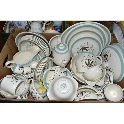 311 - FIVE BOXES OF CERAMICS AND GLASSWARE, to include an Alfred Meakin 'Hedgerow' pattern part dinner set... 