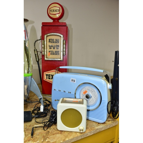 313 - A GROUP OF TEN HOUSEHOLD ITEMS, comprising two retro style Bush radios, an ivory coloured push butto... 