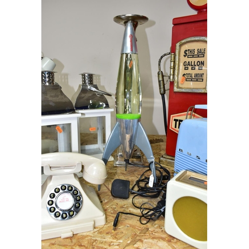 313 - A GROUP OF TEN HOUSEHOLD ITEMS, comprising two retro style Bush radios, an ivory coloured push butto... 