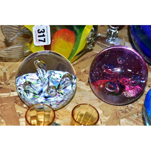 317 - A GROUP OF STUDIO GLASS, comprising a Murano style angel fish, a Whitefriars knobble and swirl vase ... 