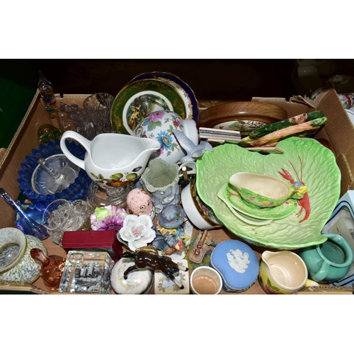 319 - SEVEN BOXES CERAMICS, GLASSWARE AND HOUSEHOLD ORNAMENTS, to include eighteen pieces of 'Mushroom' co... 