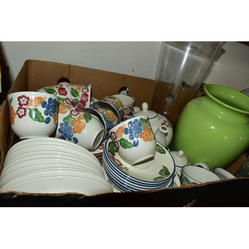 319 - SEVEN BOXES CERAMICS, GLASSWARE AND HOUSEHOLD ORNAMENTS, to include eighteen pieces of 'Mushroom' co... 