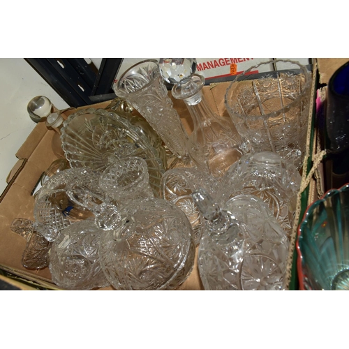 321 - THREE BOXES OF MID- CENTURY STUDIO GLASS, to include a hand painted lemonade pitcher, Murano style f... 