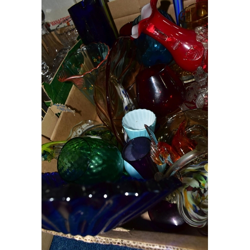 321 - THREE BOXES OF MID- CENTURY STUDIO GLASS, to include a hand painted lemonade pitcher, Murano style f... 