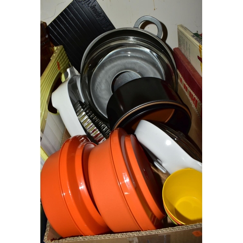 323 - THREE BOXES OF KITCHENWARE, to include a set of West German Baumann oven dishes and cooking pots, a ... 