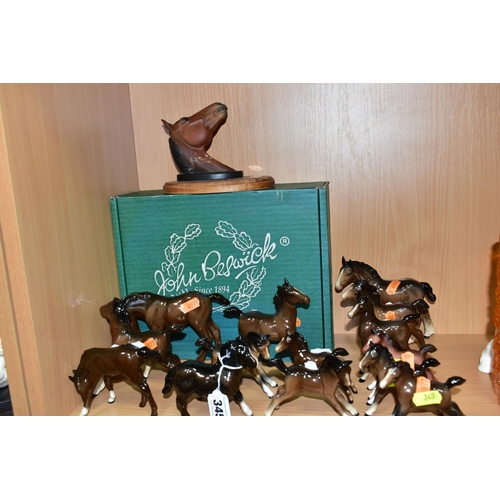 345 - A BESWICK WALL PLAQUE 'TROY', NO.2699, TOGETHER WITH FOURTEEN BESWICK BROWN GLOSS AND MATT FOALS, th... 