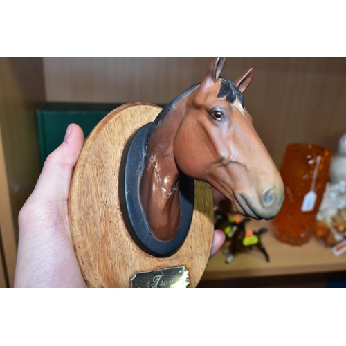 345 - A BESWICK WALL PLAQUE 'TROY', NO.2699, TOGETHER WITH FOURTEEN BESWICK BROWN GLOSS AND MATT FOALS, th... 