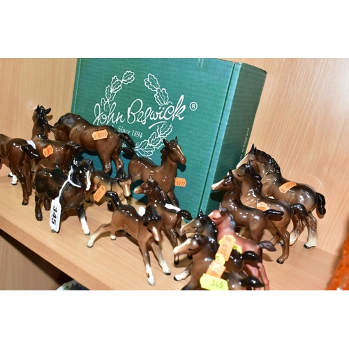 345 - A BESWICK WALL PLAQUE 'TROY', NO.2699, TOGETHER WITH FOURTEEN BESWICK BROWN GLOSS AND MATT FOALS, th... 