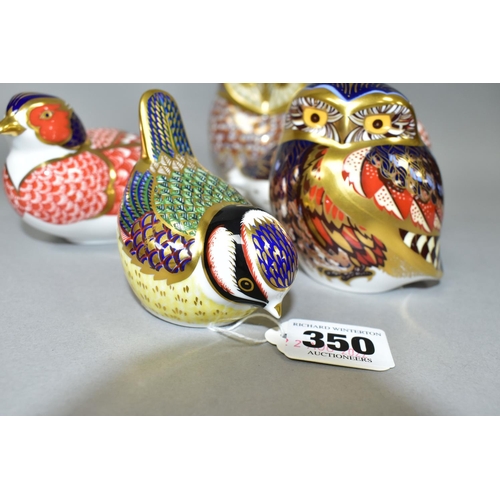 350 - FIVE ROYAL CROWN DERBY PAPERWEIGHTS, comprising Blue Tit, gold stopper, Pheasant, silver stopper, Ow... 