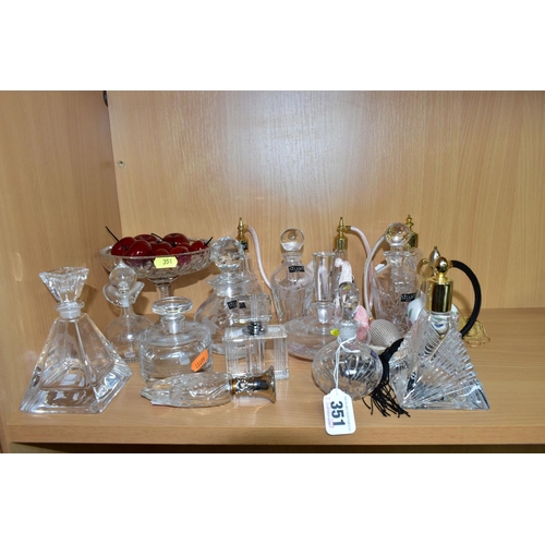 351 - A COLLECTION OF STUART CRYSTAL AND OTHER PERFUME BOTTLES AND ATOMISERS, ETC, including a comport con... 